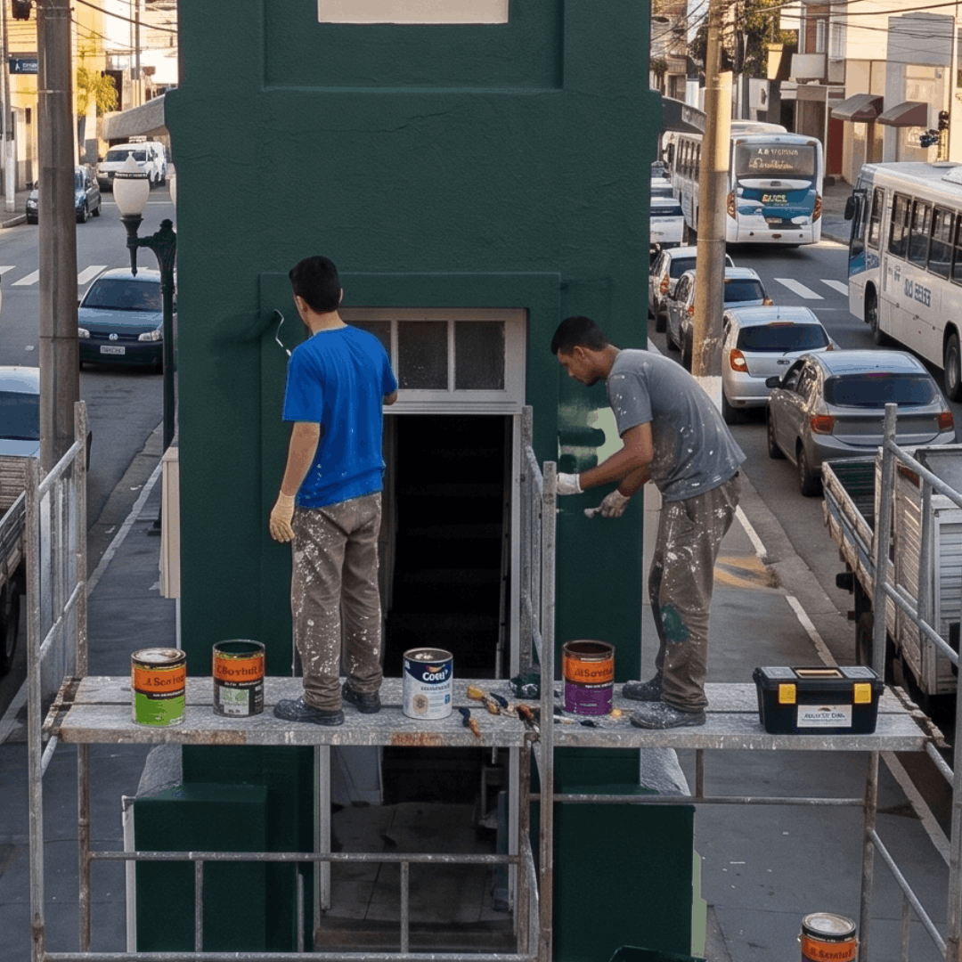 Equipe pintando fachada de imóvel comercial em andaime